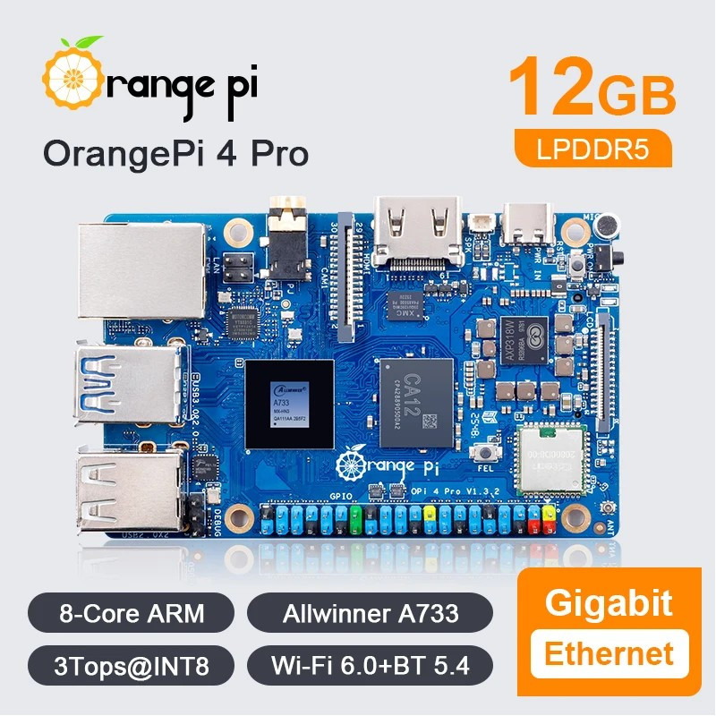 Orange Pi 4 PRO - 12GB RAM Allwinner A733 with 8-Core CPU Embedded 3-TOPS NPU